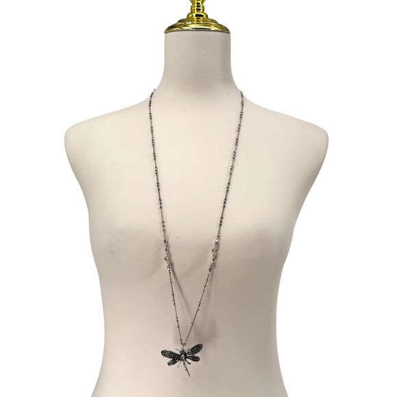 J. Jill Dragonfly Necklace Pendant Long Silver Tone Rhinestone Beads Adjustable - Picture 3 of 11